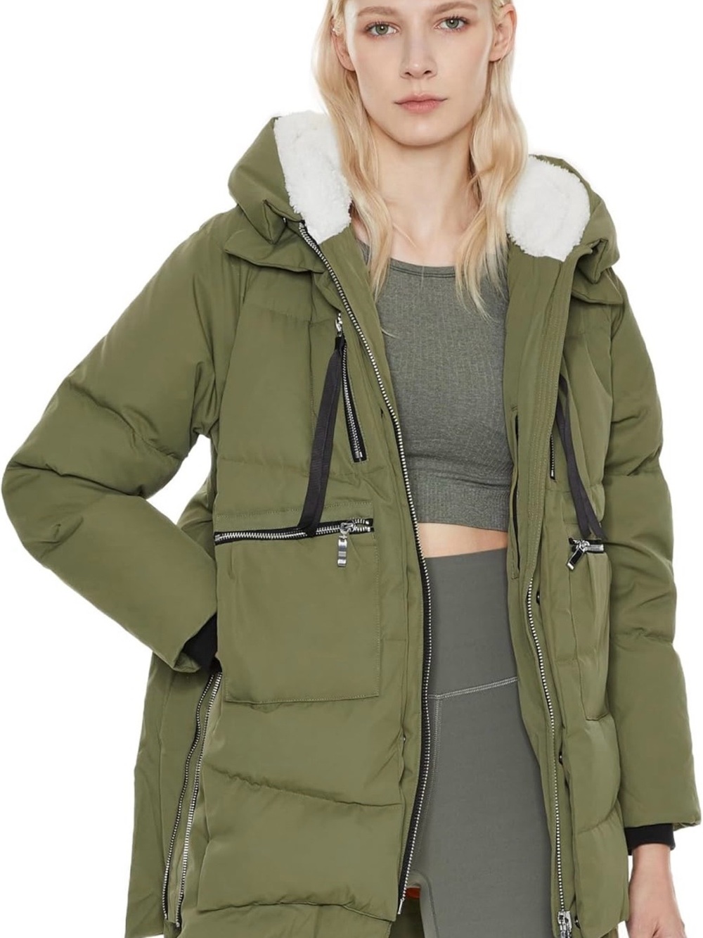 Women's Olive Green Puffer Coat with Sherpa-Lined Hood